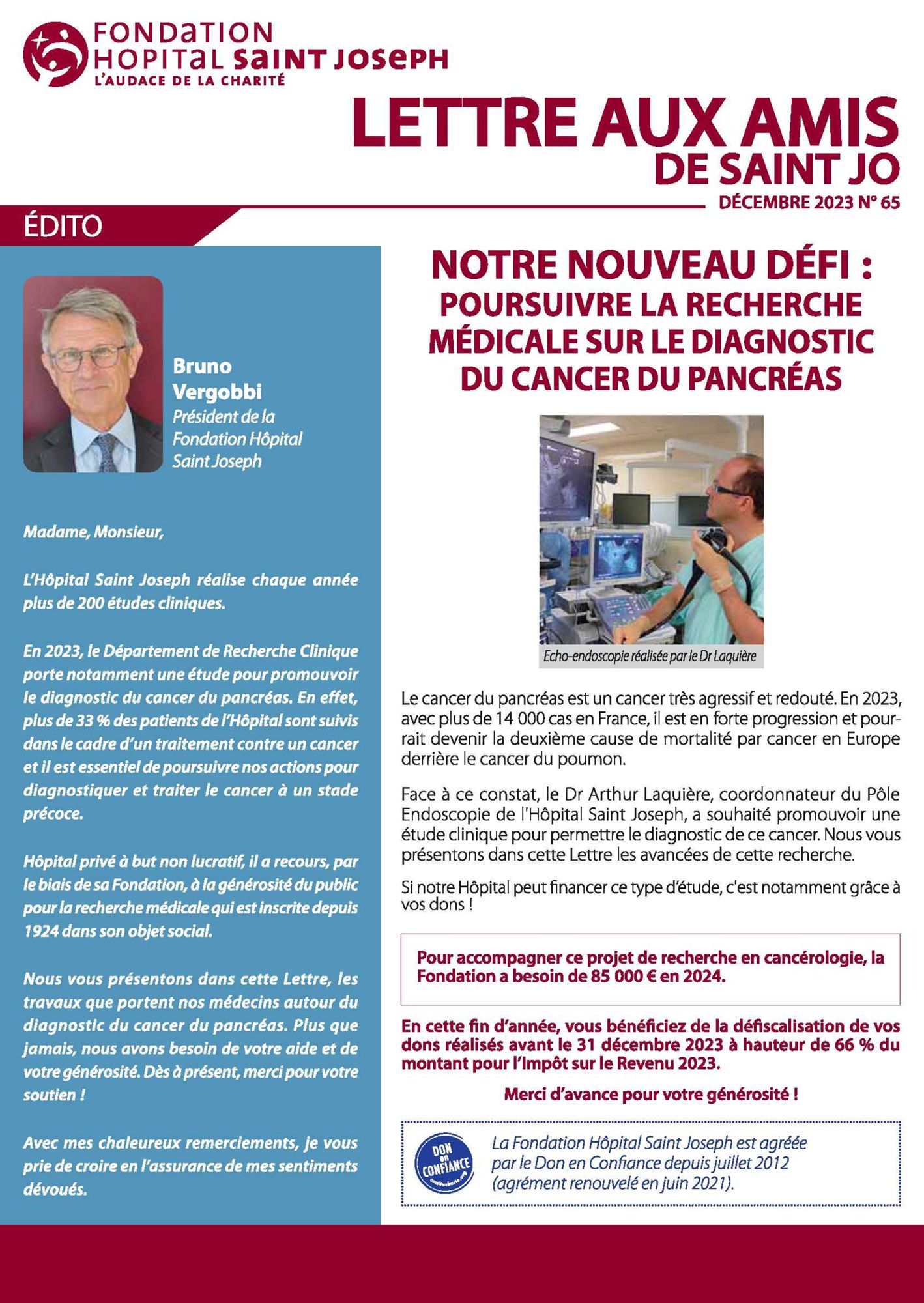 Lettre aux amis n°65 : Poursuivre la Recherche Médicale sur le diagnostic du cancer du pancréas