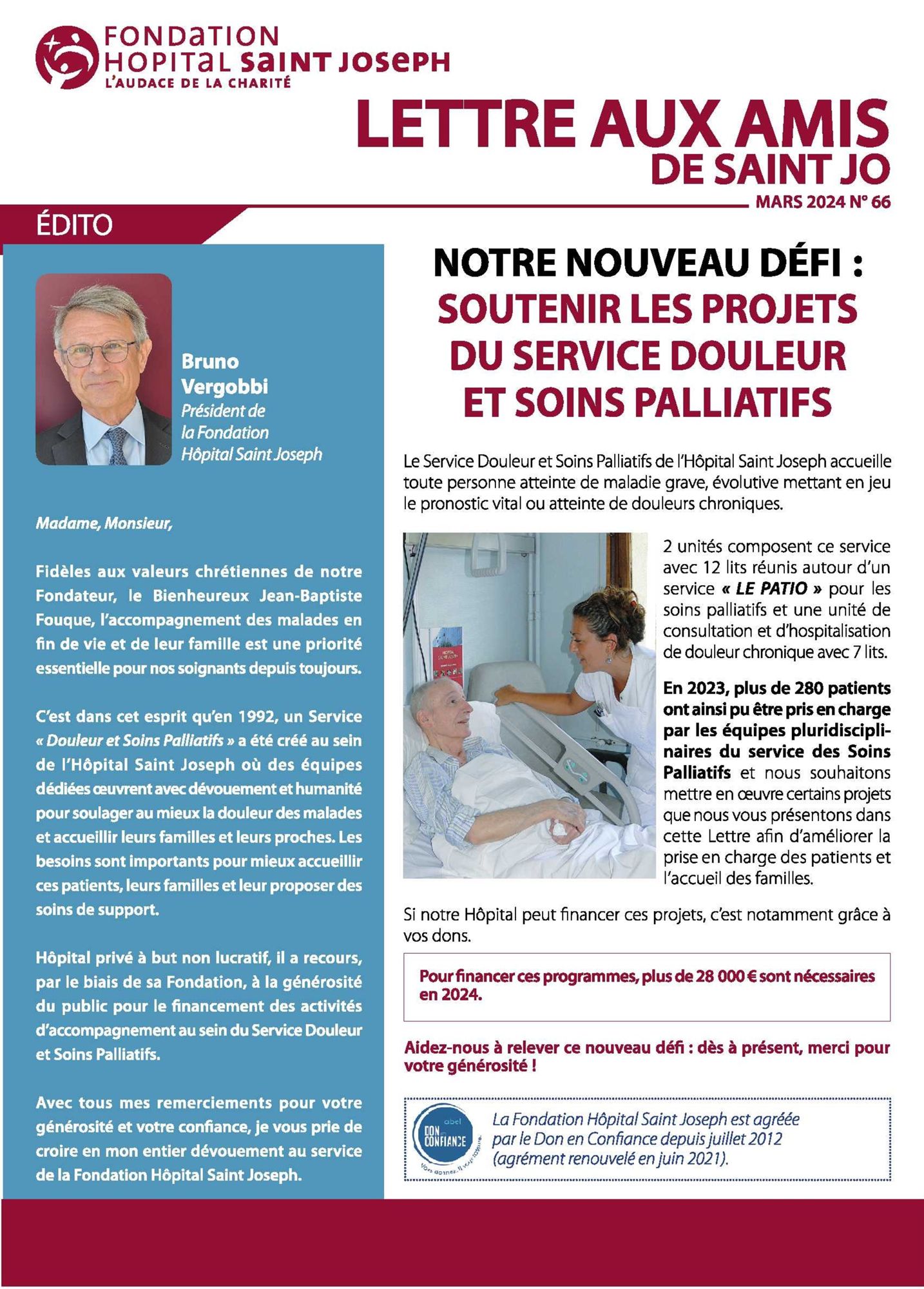 Lettre aux amis n°66 : Soutenir les projets du Service Douleur et Soins Palliatifs