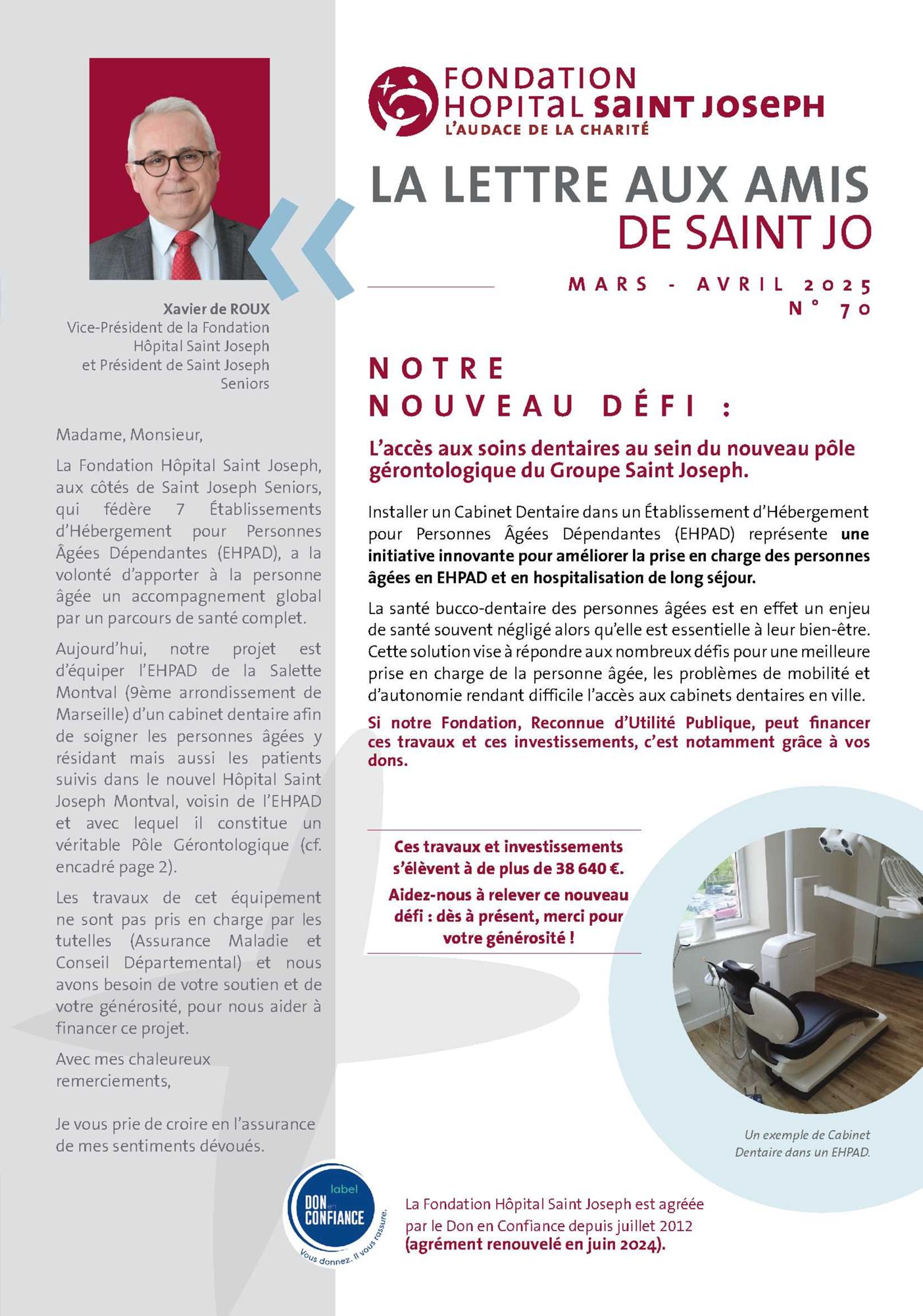 Lettre aux amis n°70 : L'accès aux soins dentaires au sein du nouveau pôle gérontologique du Groupe Saint Joseph