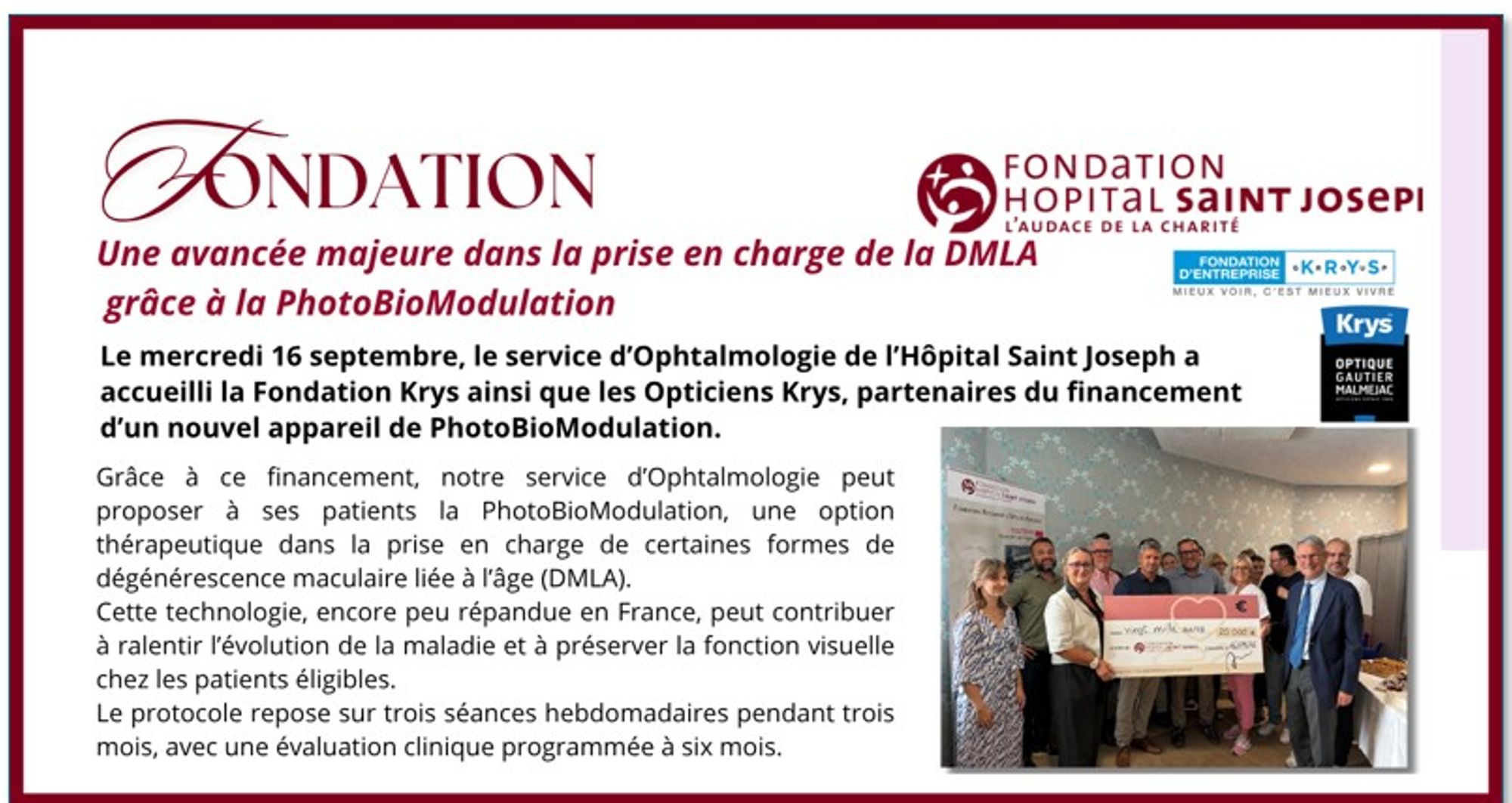 La Fondation Krys soutient l'Ophtalmologie de l'Hôpital Saint Joseph